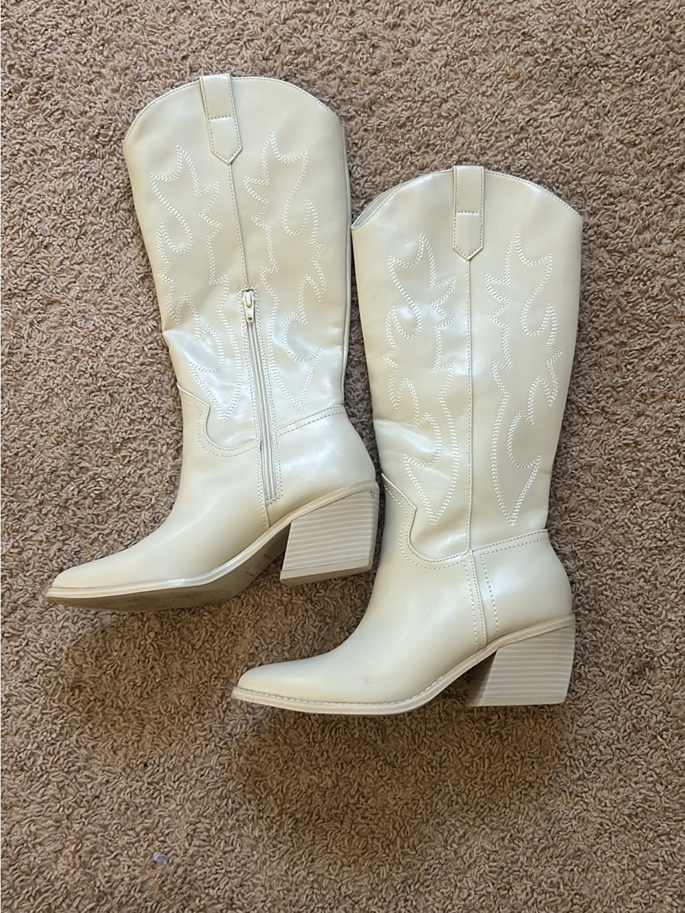 Cream Western Knee-High Boots - Women's Cowboy Style